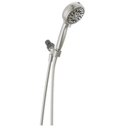 Brushed nickel hand shower head with six spray settings and flexible hose with wall mount bracket.