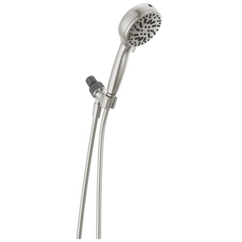 Brushed nickel hand shower head with six spray settings and flexible hose with wall mount bracket.