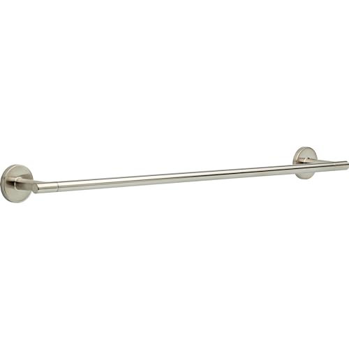 Brushed nickel towel bar with circular wall mounts on each end, 24 inches long.