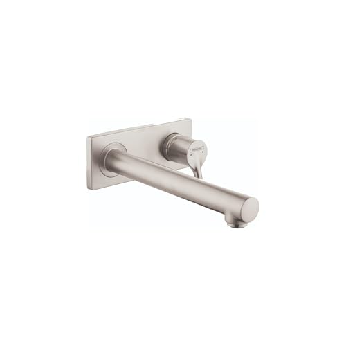 Brushed nickel wall-mounted faucet trim with single lever handle and cylindrical spout.