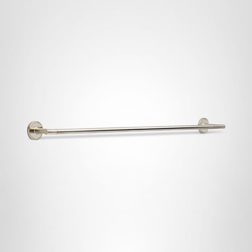 Brushed nickel towel bar with cylindrical mounting flanges on each end.