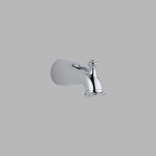 Chrome tub spout with curved pull-up diverter handle and wall mount escutcheon plate.