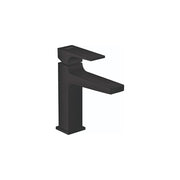 Matte black single-hole bathroom faucet with lever handle and angular spout design.