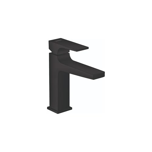 Matte black single-hole bathroom faucet with lever handle and angular spout design.