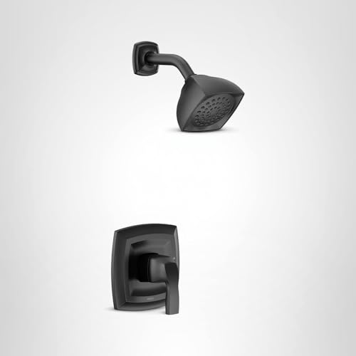 Matte black shower trim kit with single handle valve and square showerhead with perforations.
