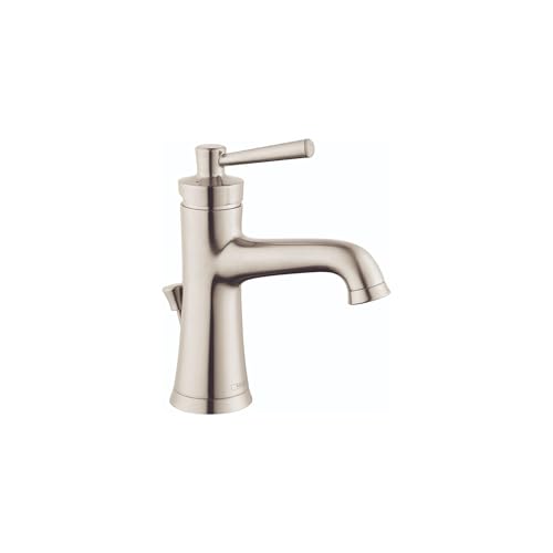 Brushed nickel single-hole bathroom faucet with curved spout and lever handle on cylindrical base.