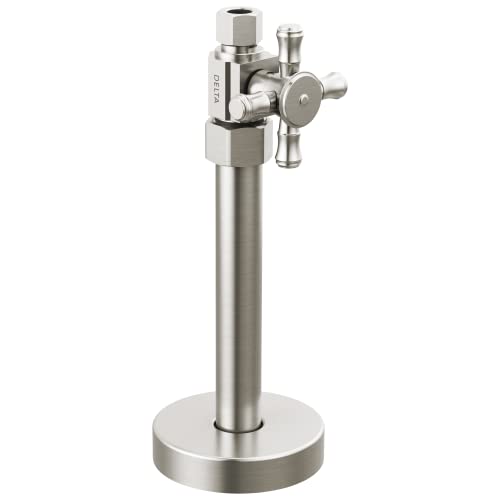 Brushed nickel straight supply stop valve with cross handle and round base on vertical stem.