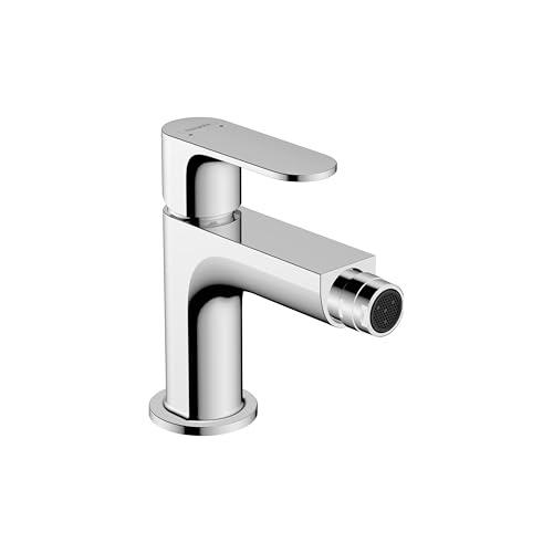 Chrome single-hole bidet faucet with cylindrical body, angled spray nozzle, and lever handles.