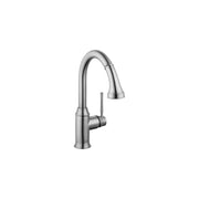 Steel optic pull-down kitchen faucet with curved spout and single handle control.