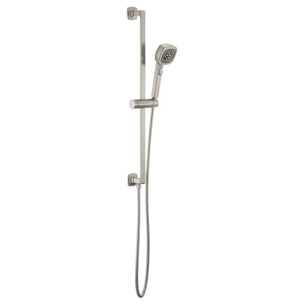 Brushed nickel slide bar handshower with circular showerhead and adjustable mounting brackets on vertical rail.