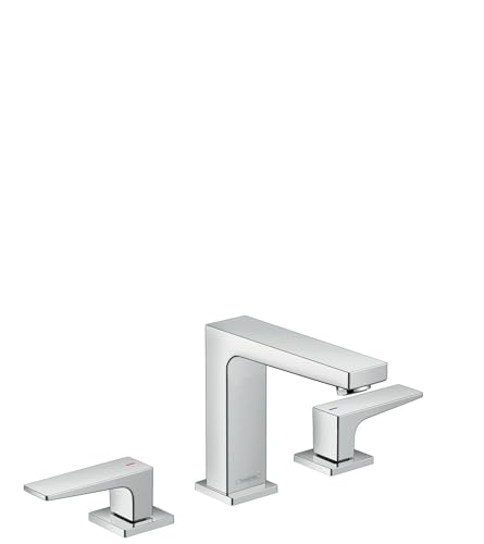 Chrome widespread bathroom faucet with tall central spout and two lever handles on outer bases.