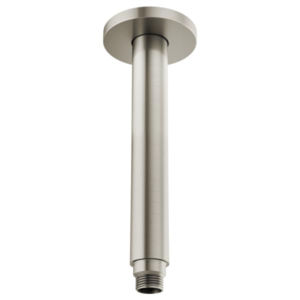 Brushed nickel ceiling-mount shower arm with round flange and threaded connector at base.
