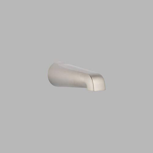 Stainless steel tub spout with curved body and angled end fitting.