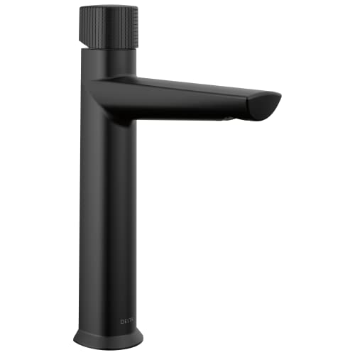 Black single-handle bathroom faucet with knurled grip handle and curved spout.