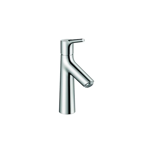 Chrome single-hole bathroom faucet with curved spout and tall cylindrical base.