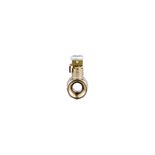 Brass ball valve with female threaded ports and lever handle on white background.