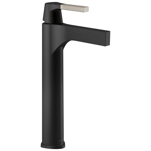 Black single-handle bathroom faucet with tall cylindrical body and brushed nickel spout for vessel sinks.