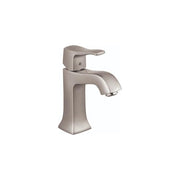 Brushed nickel single-hole bathroom faucet with curved spout and lever handle.
