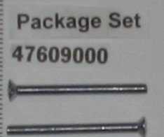 Two chrome-plated screws with flat heads labeled package set 47609000.