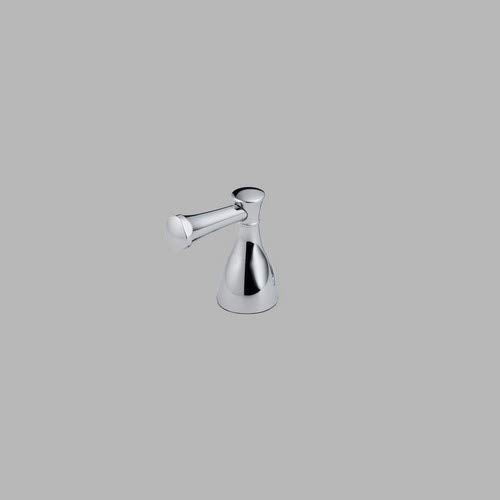 Chrome metal lever handle for bathroom faucet with conical base and angled spout connection.