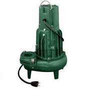 Green Zoeller submersible effluent pump with black power cord and mounting base.