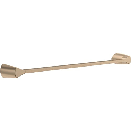 Brushed gold towel bar with tapered cylindrical end caps and straight horizontal rod.