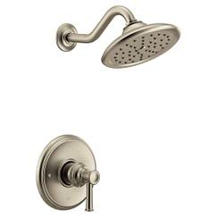 Brushed nickel shower trim with single lever handle, curved arm, and round rainfall showerhead.
