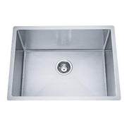 Stainless steel single bowl undermount kitchen sink with central drain opening.