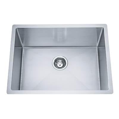 Stainless steel single bowl undermount kitchen sink with central drain opening.
