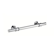 Polished nickel towel bar with round wall mounts and horizontal rod, 12 inches wide.