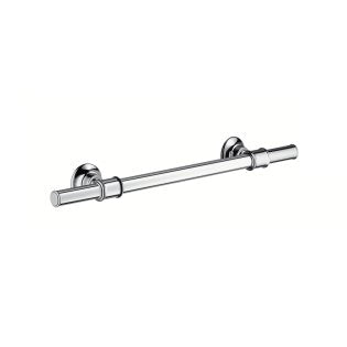 Polished nickel towel bar with round wall mounts and horizontal rod, 12 inches wide.