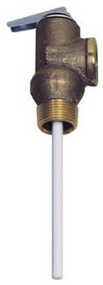 Bronze temperature and pressure relief valve with lever handle and white extension thermostat tube.