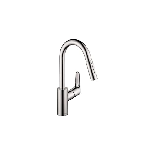 Chrome kitchen faucet with curved spout, single handle, and pull-down spray head.