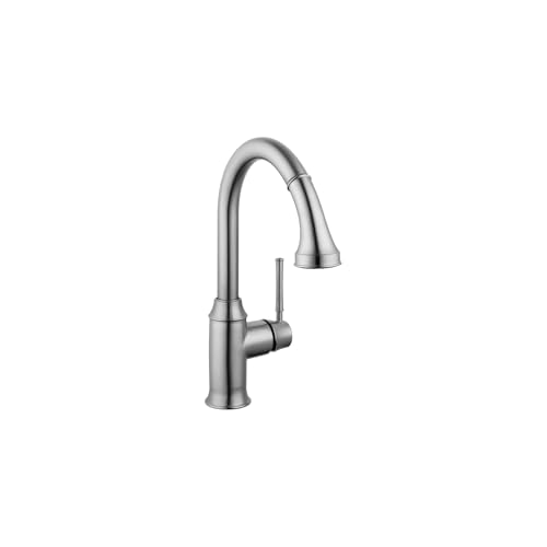 Hansgrohe Talis C steel optic kitchen faucet with high arc spout and pull-down spray head.
