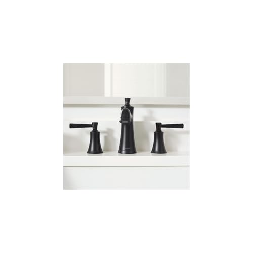 Matte black three-piece widespread bathroom faucet with lever handles and tall center spout on white sink.