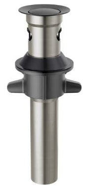 Matte black metal push pop drain assembly with stainless steel cylindrical body and black base collar.