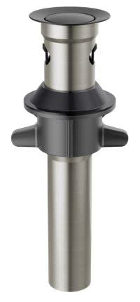 Matte black metal push pop drain assembly with stainless steel cylindrical body and black base collar.