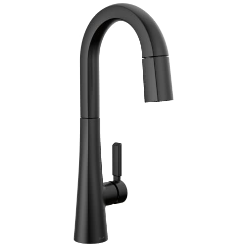 Matte black single-handle pull-down faucet with curved spout and side lever control.