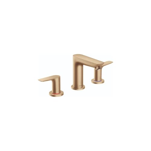 Brushed bronze three-piece widespread faucet with tall central spout and two matching lever handles.