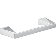 Polished chrome tissue holder with angled end caps and horizontal bar design.