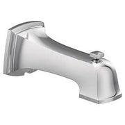 Chrome tub spout with diverter lever and curved waterway design.
