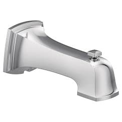 Chrome tub spout with diverter lever and curved waterway design.