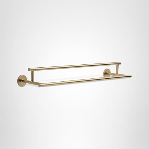Brushed gold double towel bar with two parallel horizontal rails mounted on circular wall plates.