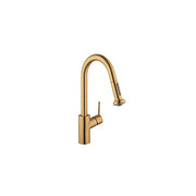 Brushed gold kitchen faucet with high curved spout and pull-down spray head.
