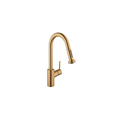 Brushed gold kitchen faucet with high curved spout and pull-down spray head.