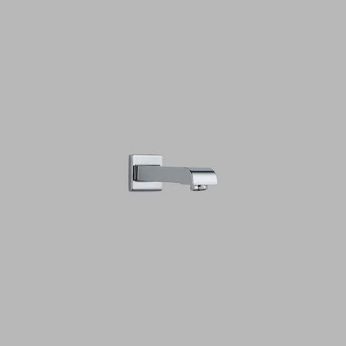 Chrome tub spout with rectangular wall mount and curved spout outlet.