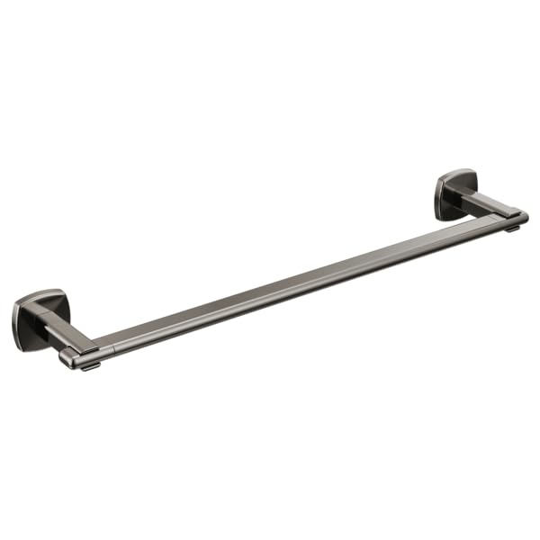 Chrome and black metal towel bar with two square mounting brackets on each end.