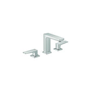 Chrome widespread bathroom faucet with tall rectangular center spout and two lever handles on outer bases.
