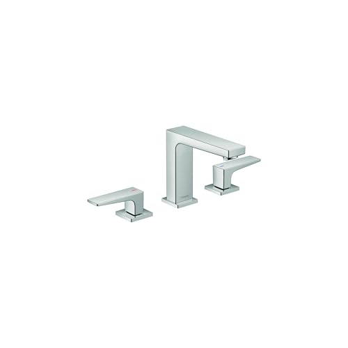 Chrome widespread bathroom faucet with tall rectangular center spout and two lever handles on outer bases.