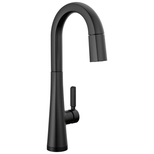 Black single-handle pull-down kitchen faucet with high arched spout and touch-activated controls.